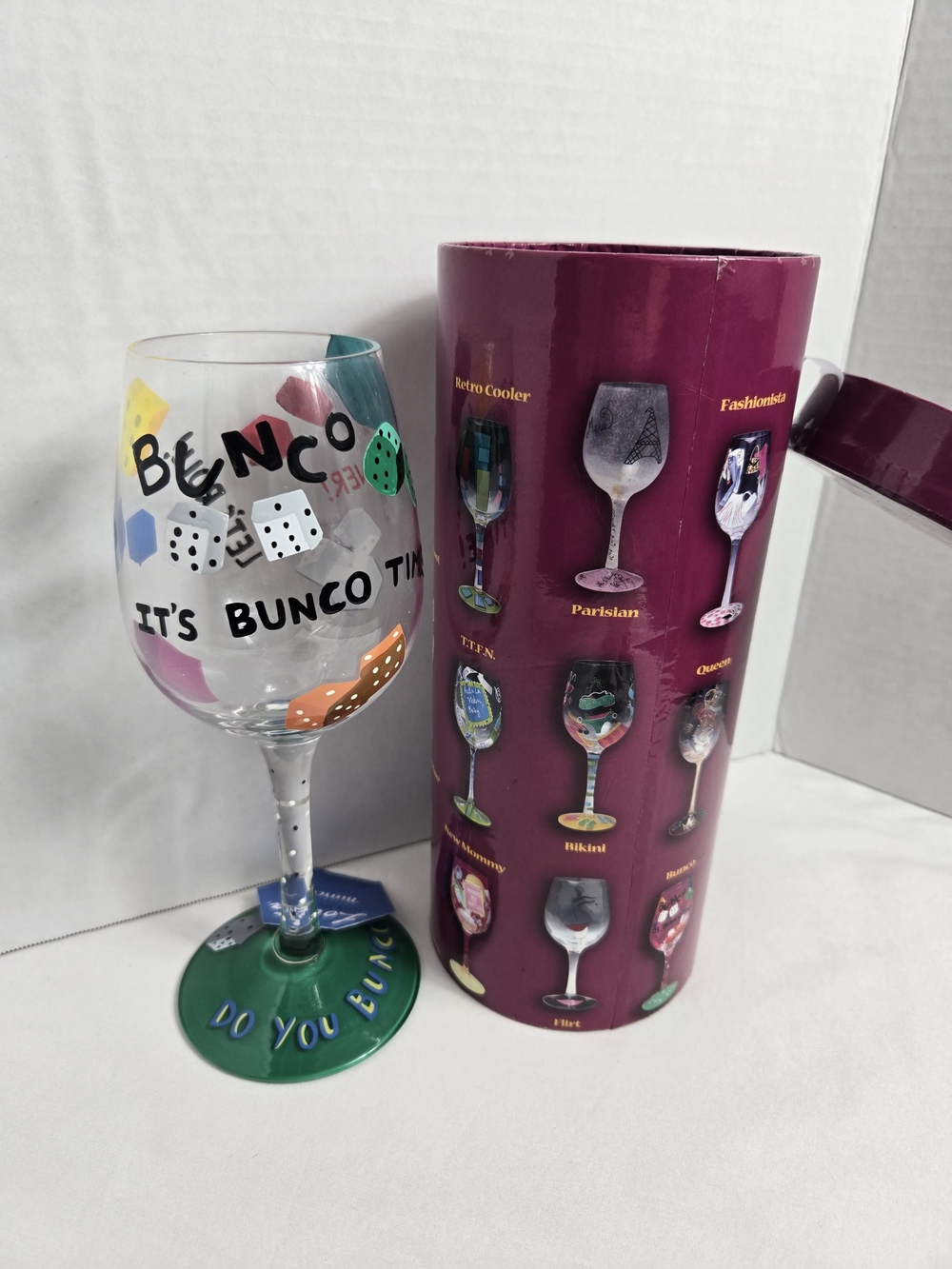 Lolita It's Bunco Time Hand-Painted 15oz Wine Glass In Box Giftable Barware